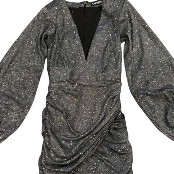 Babyboo Estelle Black Sparkly Mini Dress Long Bishop Sleeves Size Extra Small - Picture 4 of 11